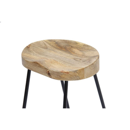 Ela 24 Inch Counter Height Stool, Mango Wood Saddle Seat, Iron Frame, Brown and Black - View 2