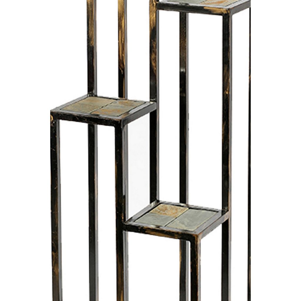 4 Tier Cast Iron Frame Plant Stand with Stone Topping, Black and Gold - View 5