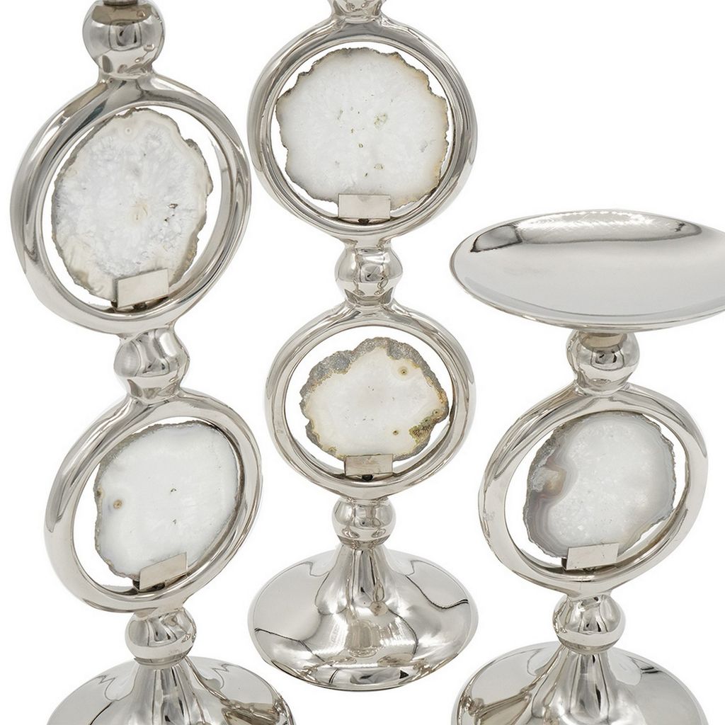 22, 16, 10 Inch Pillar Candle Set of 3, Agate Stone, Silver Metal Frame - View 2