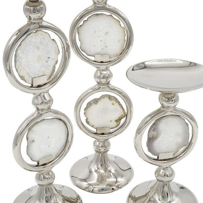 22, 16, 10 Inch Pillar Candle Set of 3, Agate Stone, Silver Metal Frame - View 2