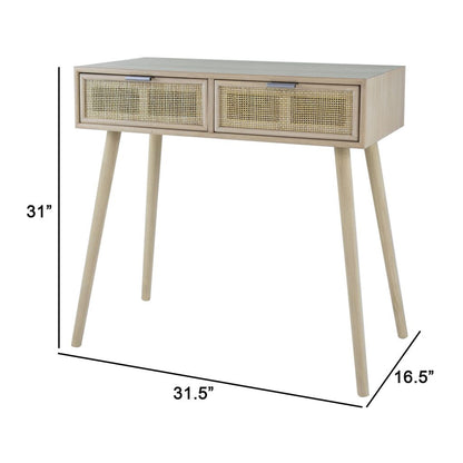 Pia 32 Inch Wood Console Table, 2 Drawers, Woven Rattan, Natural Brown - View 5