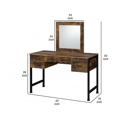 Vanity Desk with 4 Drawers and Square Mirror, Brown and Black - View 6