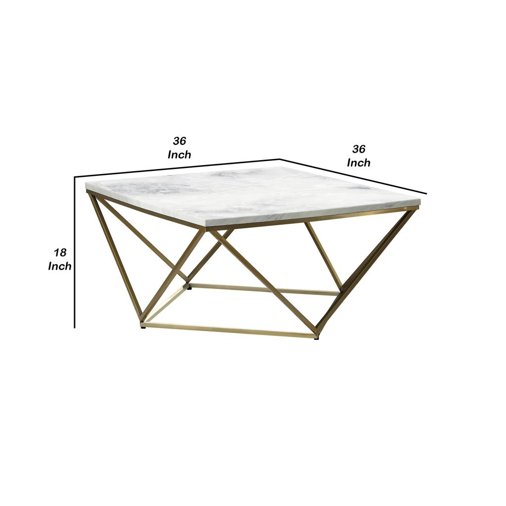 36 Inch Modern Square Coffee Table, White Faux Marble Top, Slender Gold Base - View 5