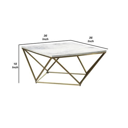 36 Inch Modern Square Coffee Table, White Faux Marble Top, Slender Gold Base - View 5