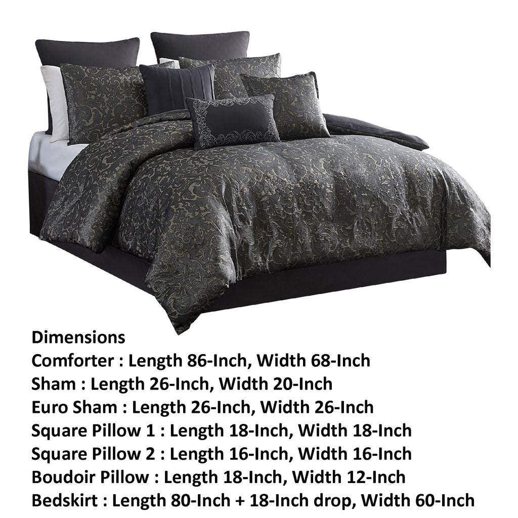 Pixie 9 Piece Polyester Queen Comforter Set, Damask Pattern, Charcoal Gray - View 6