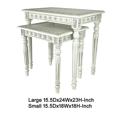 Elegantly Engraved Wooden Frame Nesting Table, Set of 2, Antique White - View 5