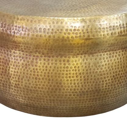 Kvira 32" Artisanal Round Drum Coffee Table, Hammered Embossed Texturing, Aluminum, Antique Brass - View 3