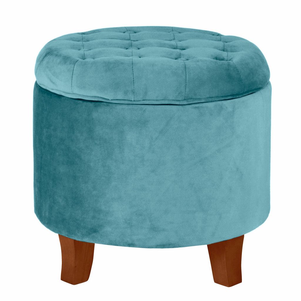 Button Tufted Velvet Upholstered Wooden Ottoman with Hidden Storage, and Brown – Blue