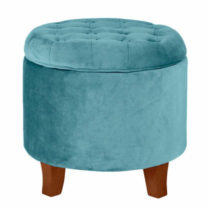 Button Tufted Velvet Upholstered Wooden Ottoman with Hidden Storage, and Brown – Blue
