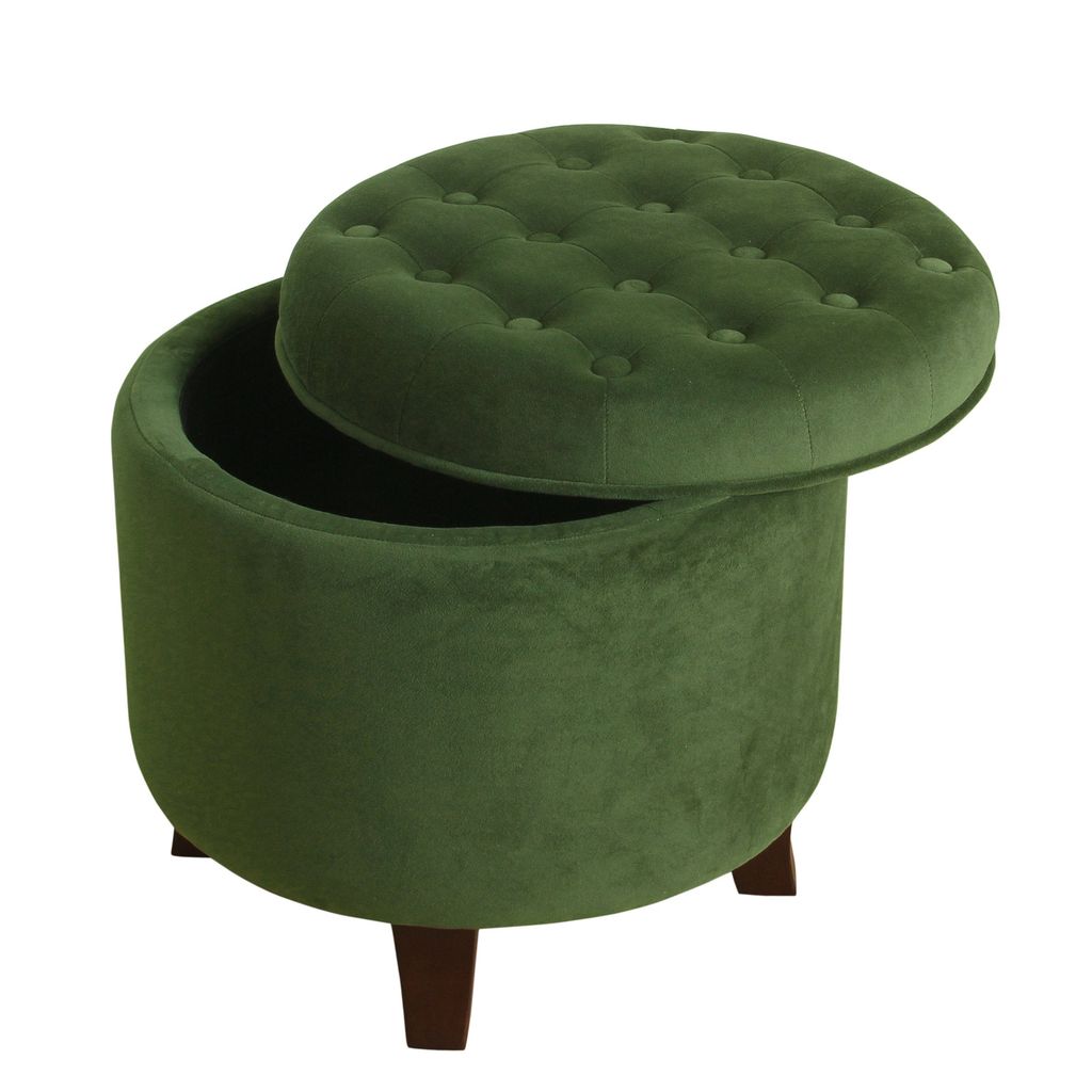 Button Tufted Velvet Upholstered Wooden Ottoman with Hidden Storage, Green and Brown - View 3