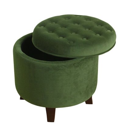 Button Tufted Velvet Upholstered Wooden Ottoman with Hidden Storage, Green and Brown - View 3