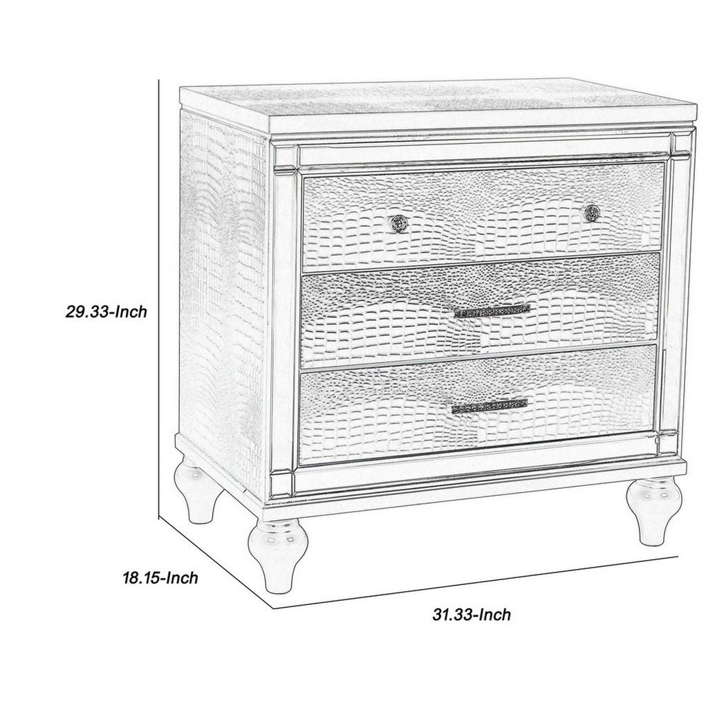 3 Drawer Wooden Nightstand with Mirror Accents and Faux Crystal Pulls, Gray - View 6