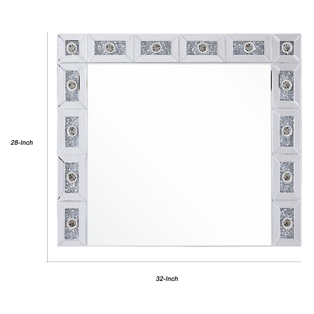 Mirror Panel Frame Wall Decor with Light Function and Faux Diamond, Silver - View 5