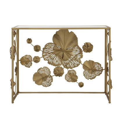 39 Inch Mirrored Top Console Table, Elegant Floral Design, Iron, Matte Gold - View 3
