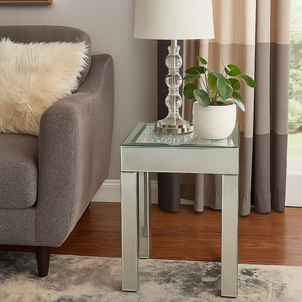 End Table with Faux Acrylic Diamond Top and Block Legs, Silver - View 7