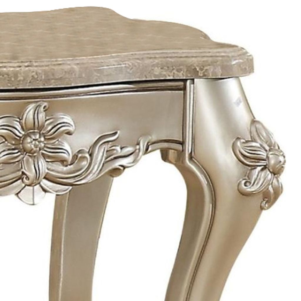 Marble Top End Table With Flower Motif Engraved Angular Wood Feet, Silver - View 3