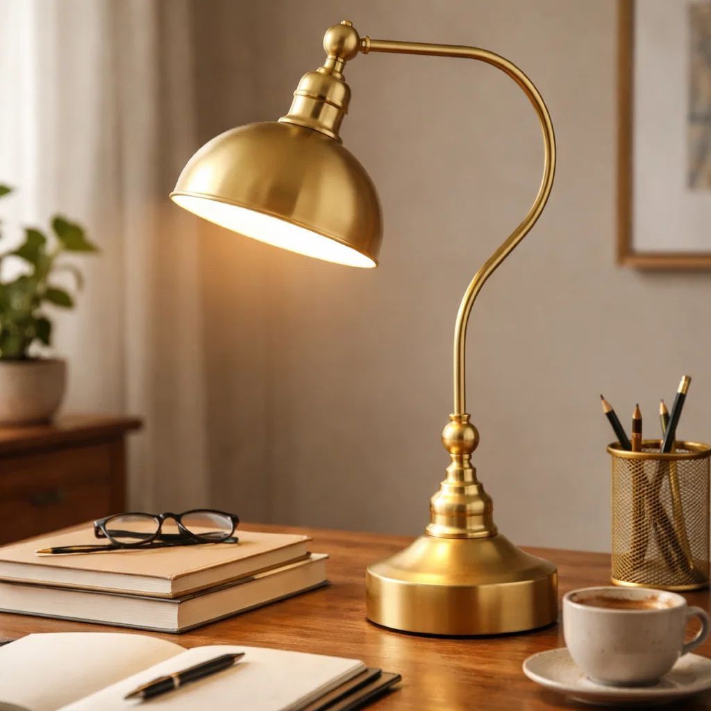 25 Inch Metal Curved Desk Lamp, Adjustable Dome Shade, Brass - View 7