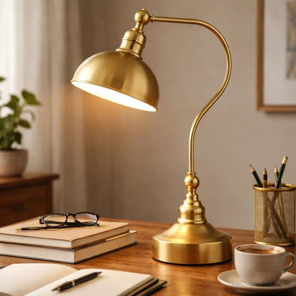 25 Inch Metal Curved Desk Lamp, Adjustable Dome Shade, Brass - View 7