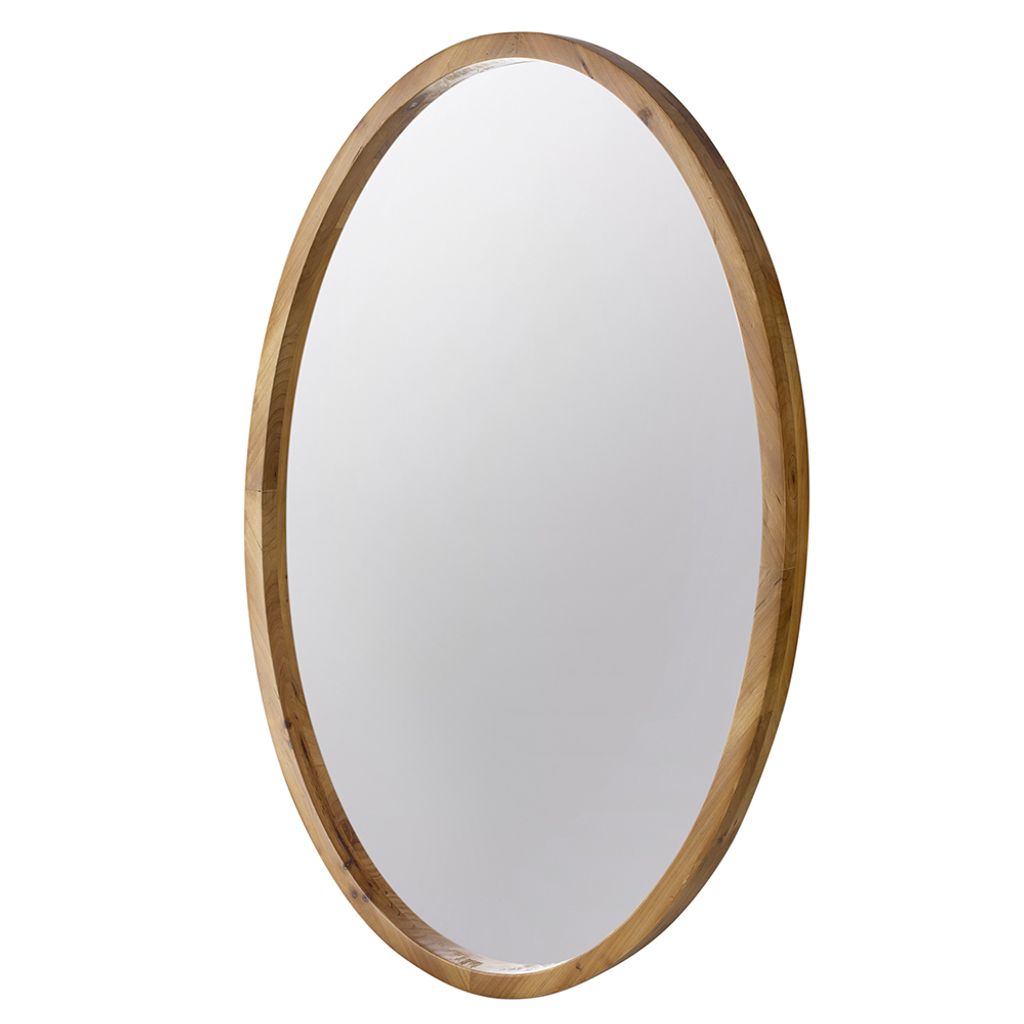 33 Inch Modern Accent Wall Mirror, Mountable Oval Wood Frame in Brown - View 2
