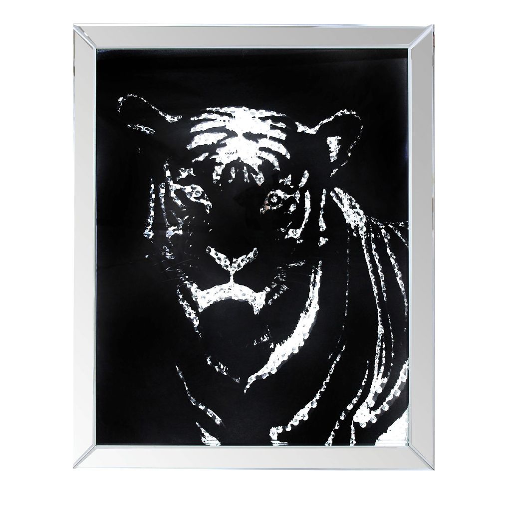 Rectangular Mirror framed Tiger Wall Decor With Crystal Inlays, Black & Silver - View 3