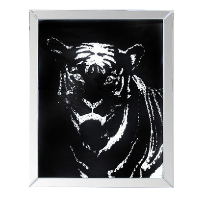 Rectangular Mirror framed Tiger Wall Decor With Crystal Inlays, Black & Silver - View 3