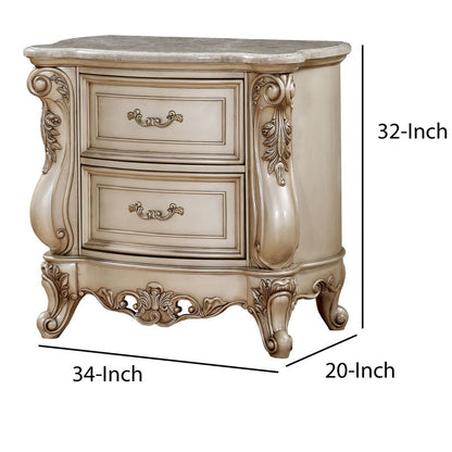 2 Drawer Nightstand With Raised Scrolled Floral Moulding, White - View 6