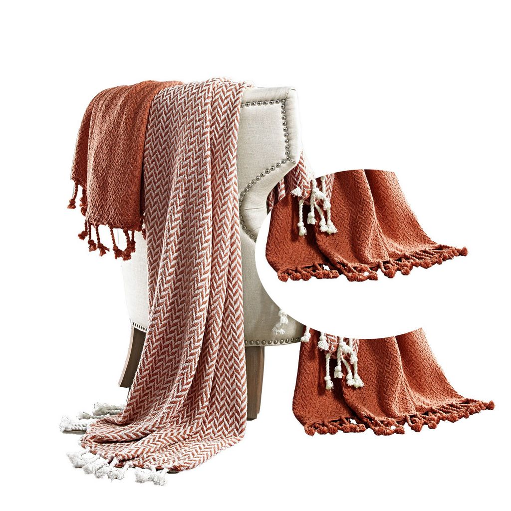 Calabria Herringbone Cotton Throw The Urban Port, Set of 2, Red and White - View 5