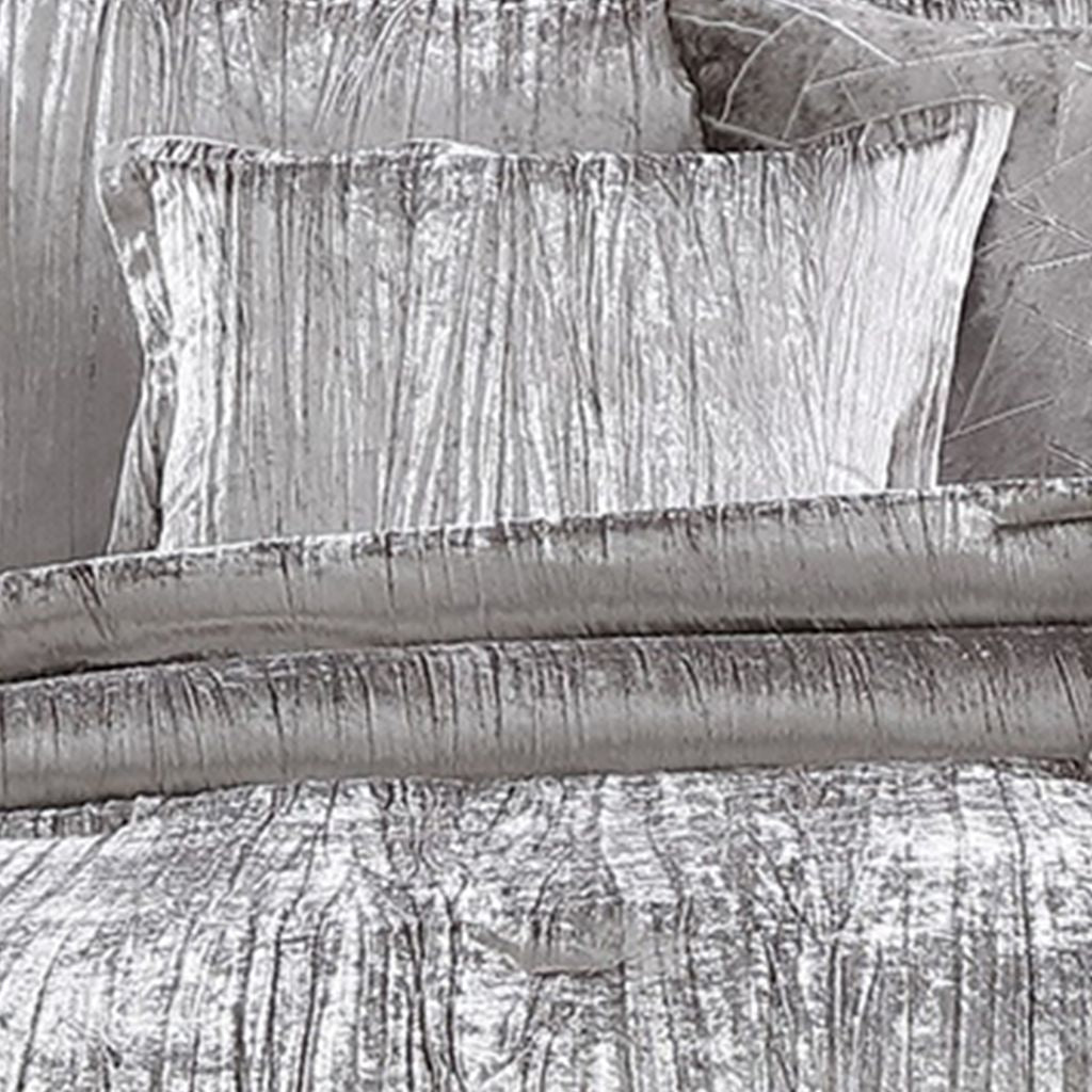 Queen Size 7 Piece Fabric Comforter Set with Crinkle Texture, Silver - View 2
