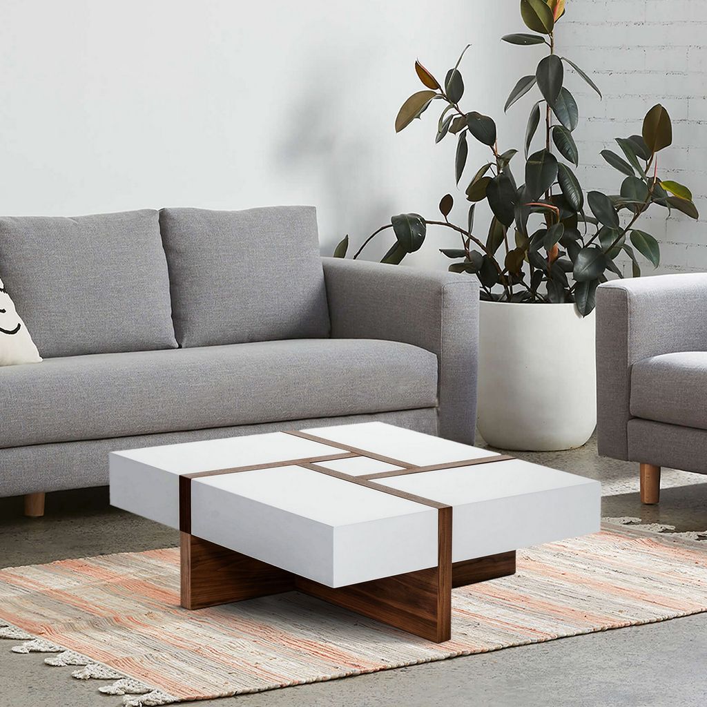 Cid 39 Inch Modern Wood Coffee Table, Puzzle Top Storage, White, Walnut - View 7