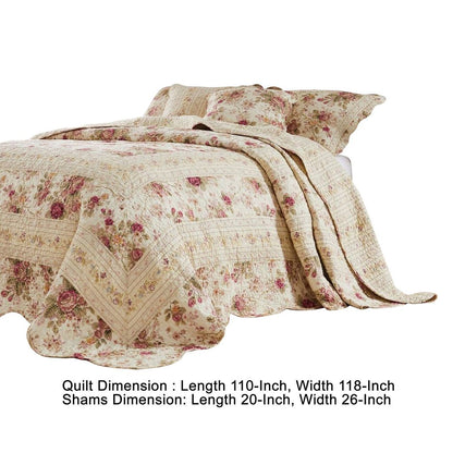 Rosle 3 Piece Queen Bedspread Set, Floral Print, Scalloped, Cream, Pink - View 5