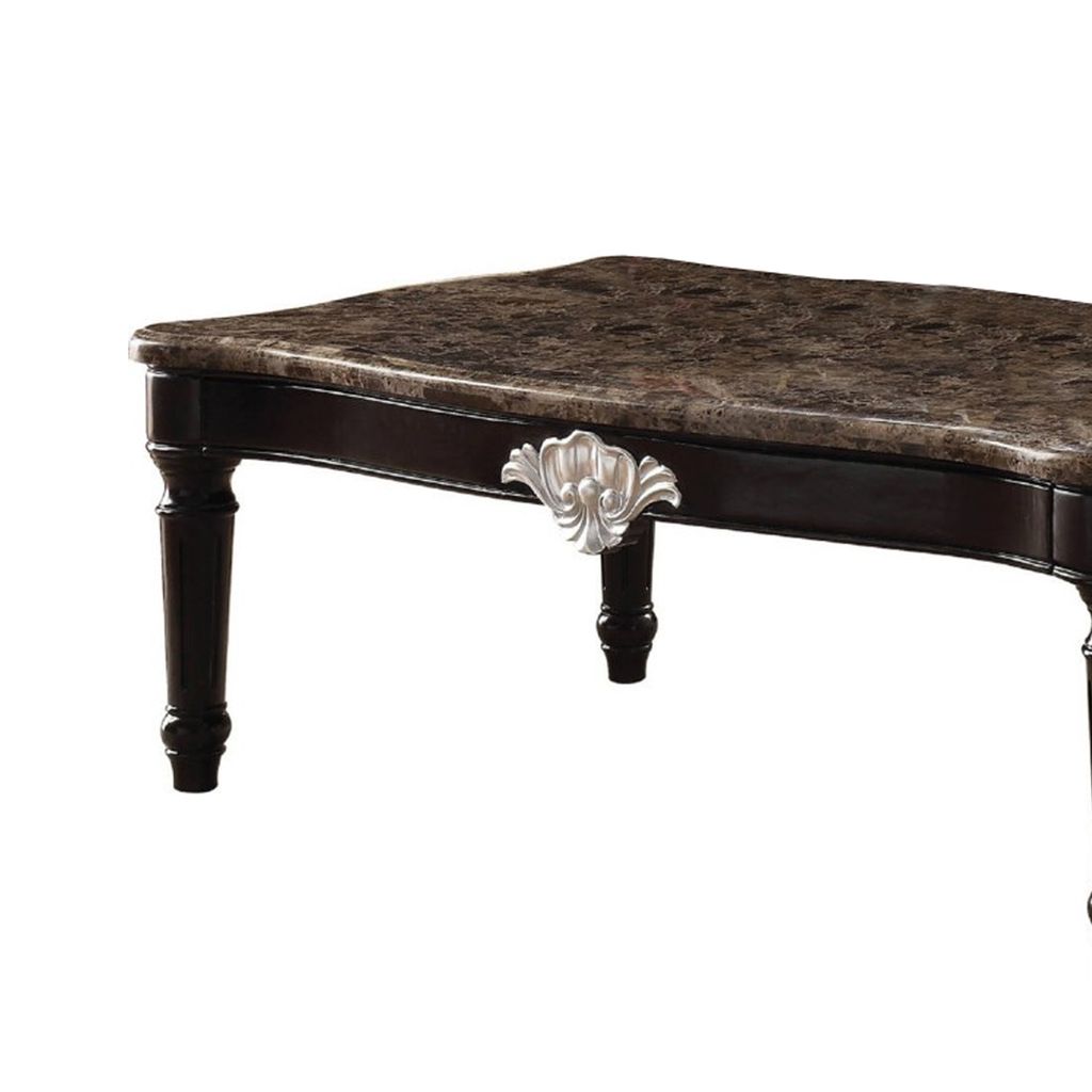 Traditional Style Rectangular Marble and Wood Coffee Table, Brown - View 5