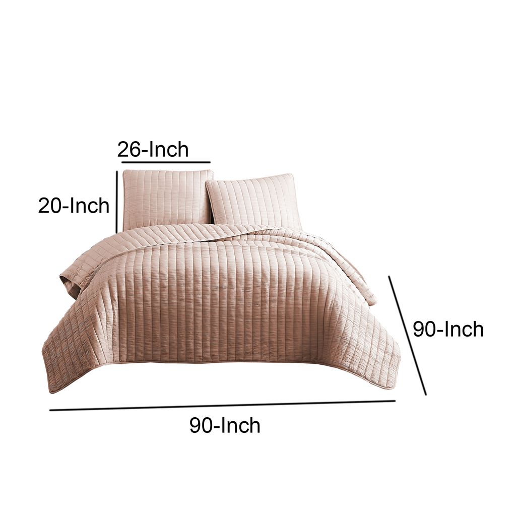 3 Piece Crinkles Queen Size Coverlet Set with Vertical Stitching, Pink - View 6