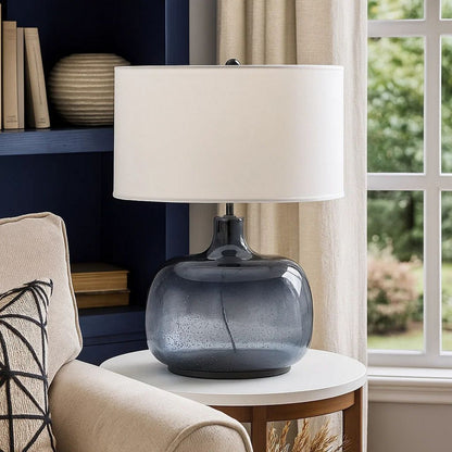 Glass Body Table Lamp with Drum Shade and Bubble Design, Blue and White - View 7