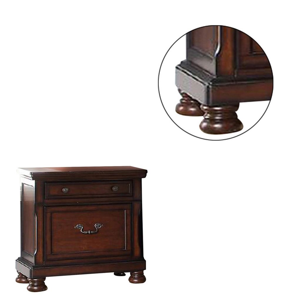 Two Drawers Wooden Nightstand with Bun Feet, Brown - View 2