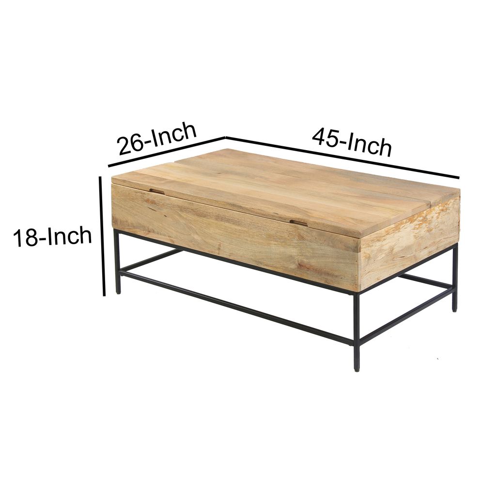 Audrey 45 Inch Handcrafted Mango Wood Coffee Table, Lift Top, Grain Details, Natural Brown, Black - View 6