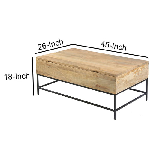 Audrey 45 Inch Handcrafted Mango Wood Coffee Table, Lift Top, Grain Details, Natural Brown, Black - View 6