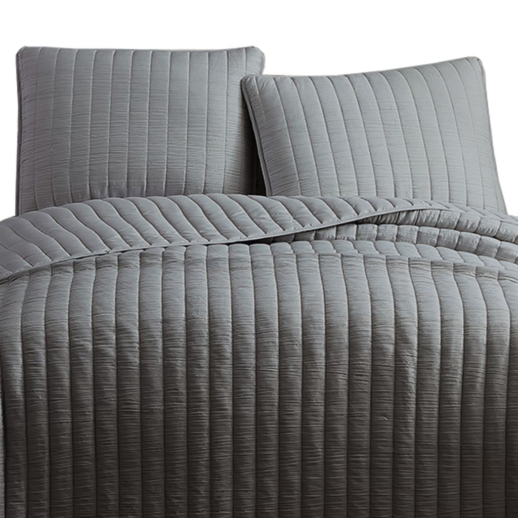 3 Piece Crinkles Queen Size Coverlet Set with Vertical Stitching, Gray - View 4