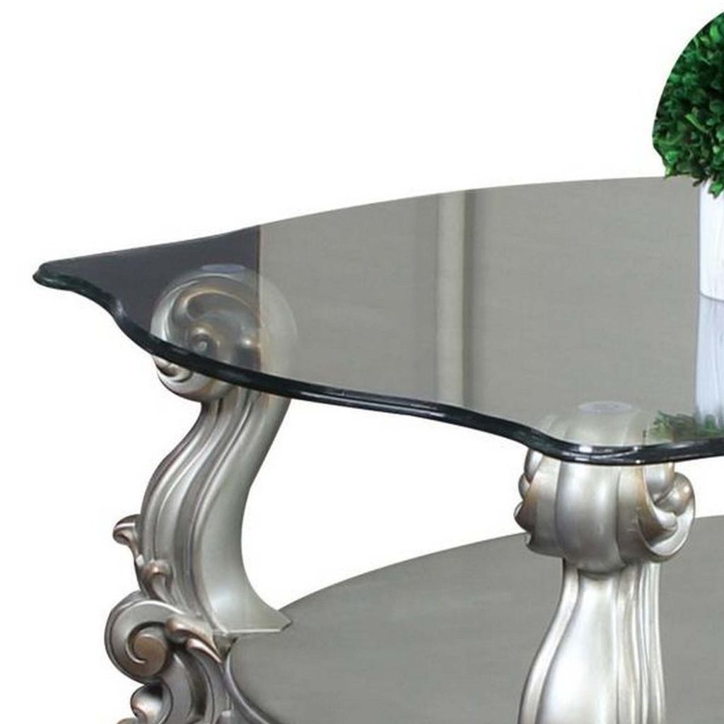 Curved Glass Top Coffee Table with Open Shelf, Silver - View 3