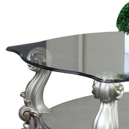 Curved Glass Top Coffee Table with Open Shelf, Silver - View 3