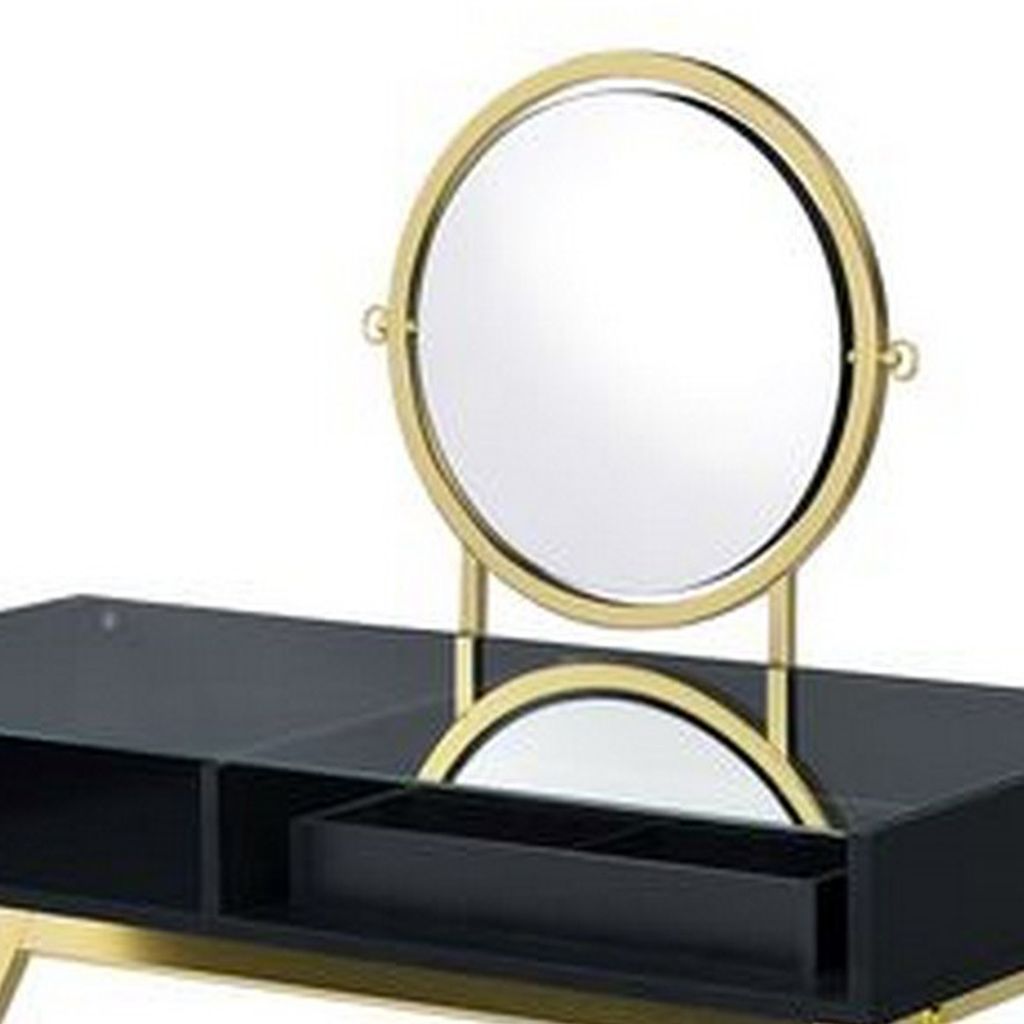 Vanity Desk with Round Mirror and Cross Metal Legs, Black and Gold - View 4
