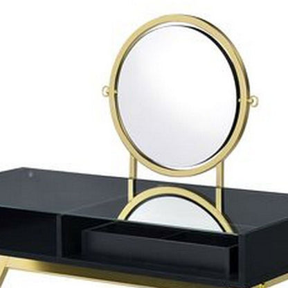 Vanity Desk with Round Mirror and Cross Metal Legs, Black and Gold - View 4