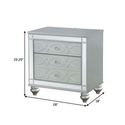 Gina 29 Inch Modern Glam Nightstand, Round Crystal Knobs, USB Ports, Silver - View 5