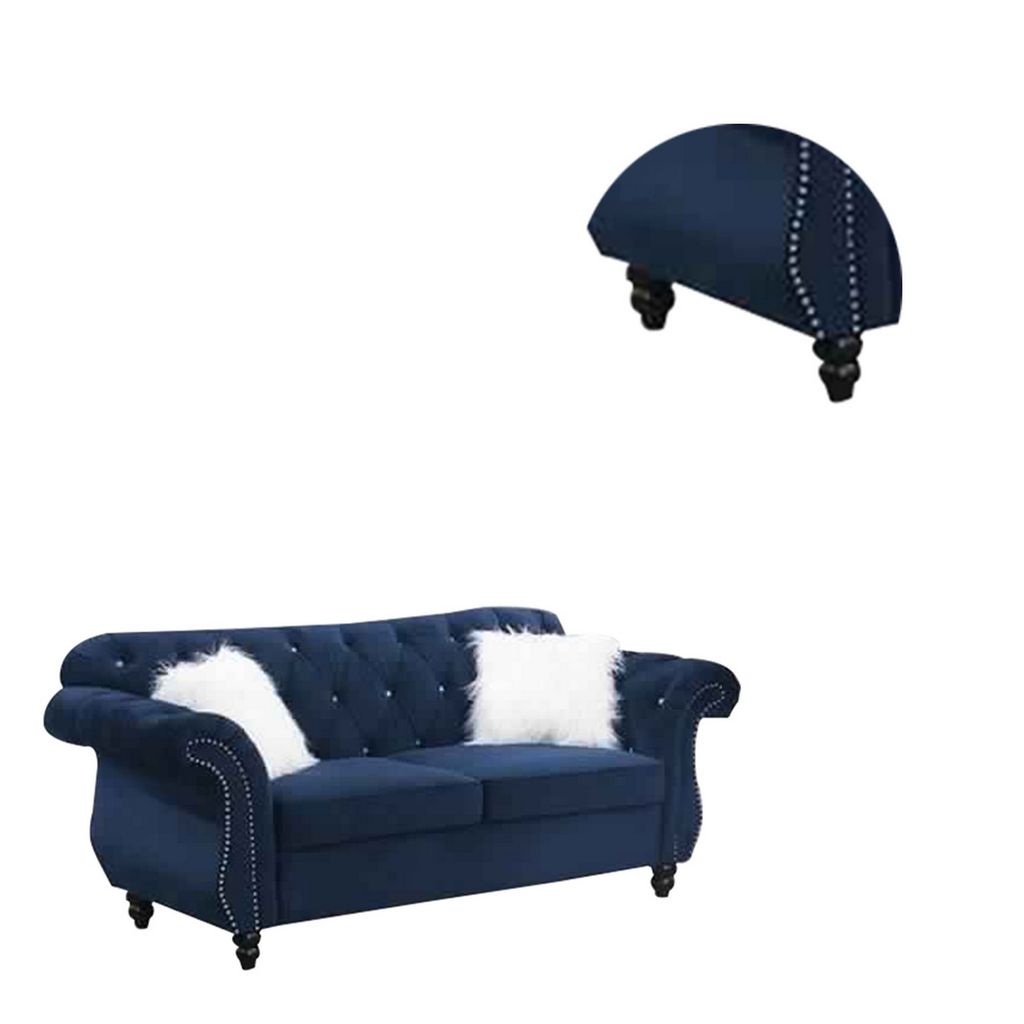 77 Inches Nailhead Trim Velvet Loveseat with Crystal Tufting, Blue - View 3