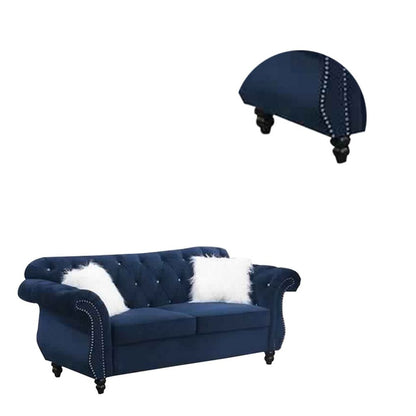 77 Inches Nailhead Trim Velvet Loveseat with Crystal Tufting, Blue - View 3