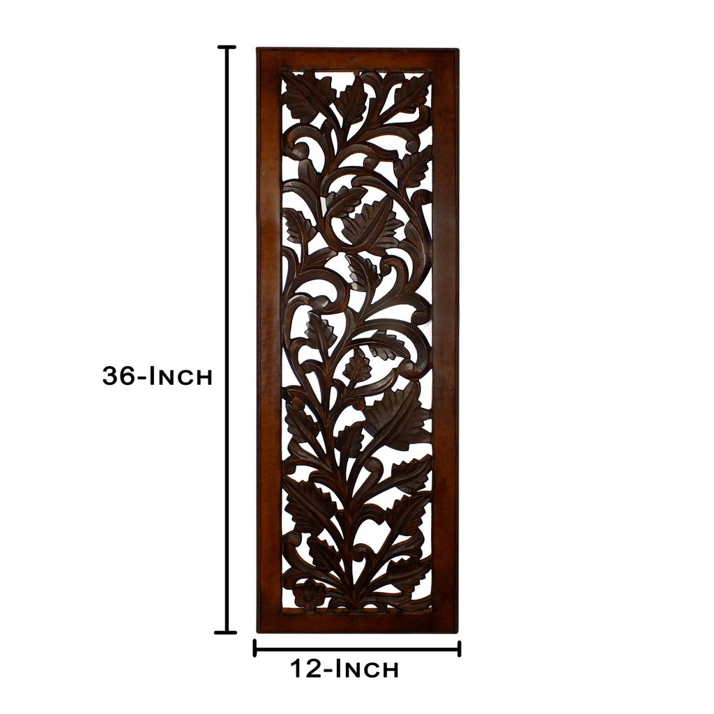 Mango Wood Wall Panel Hand Crafted with Leaves and Scroll Work Motif, Brown - View 7