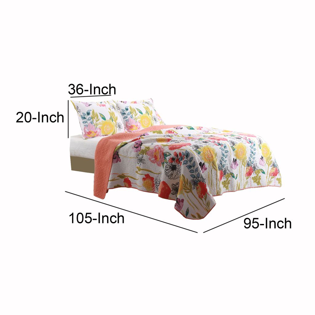 3 Piece Cotton King Size Quilt Set with Stencil Flower Print, Multicolor - View 4