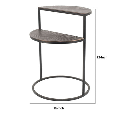 22 Inch Modern Metal Round Accent Table, 2 Half Circle Shelves, Wood, Brown - View 6