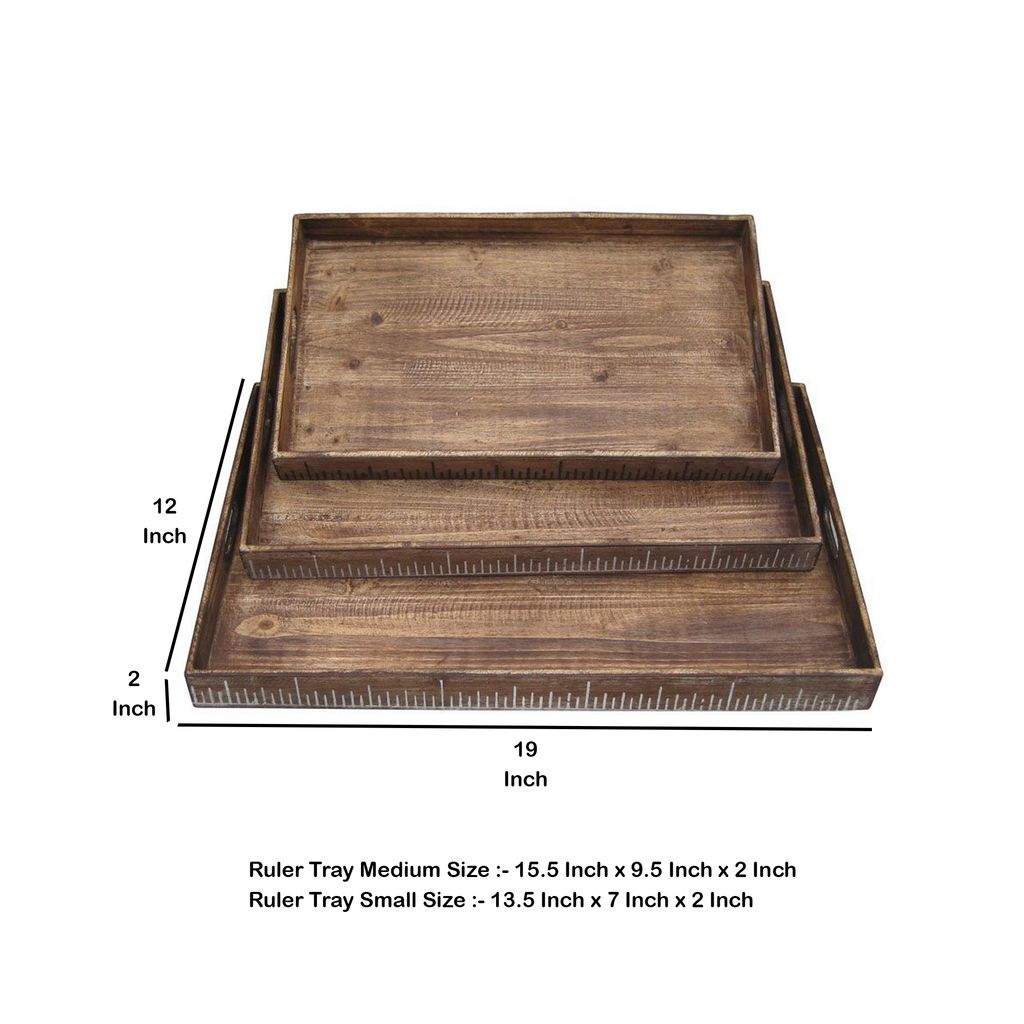 Rough Sawn Textured Rectangular Wooden Ruler Tray, Set of 3, Brown - View 5