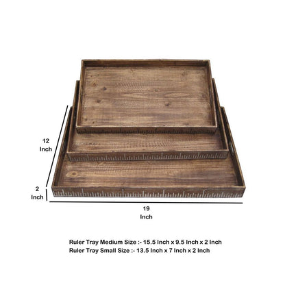 Rough Sawn Textured Rectangular Wooden Ruler Tray, Set of 3, Brown - View 5
