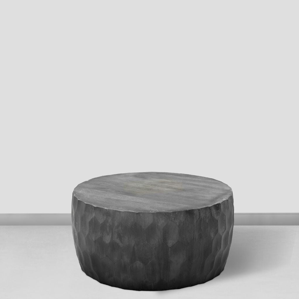 Val 34 Inch Handcrafted Mango Wood Coffee Table, Hammered Round Drum Shape, Honeycomb, Rustic Gray - View 6